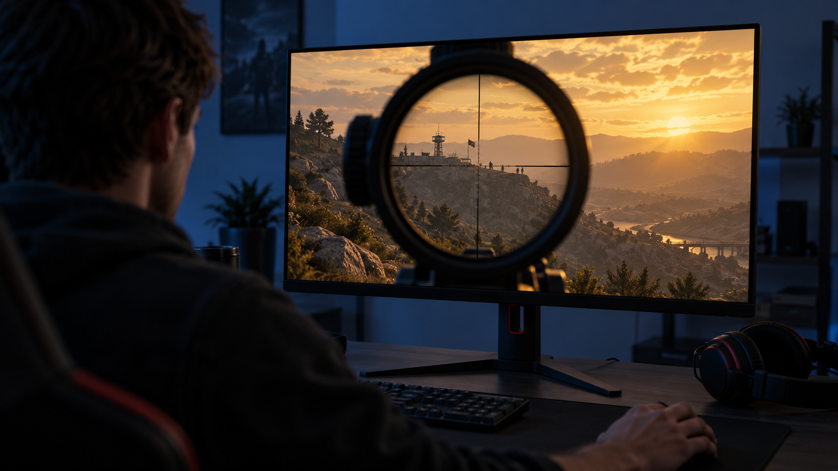 Player at a desk looking through a rifle scope at distant figures on a sunset ridge, the long sightlines that shape the best monitor for Wardogs