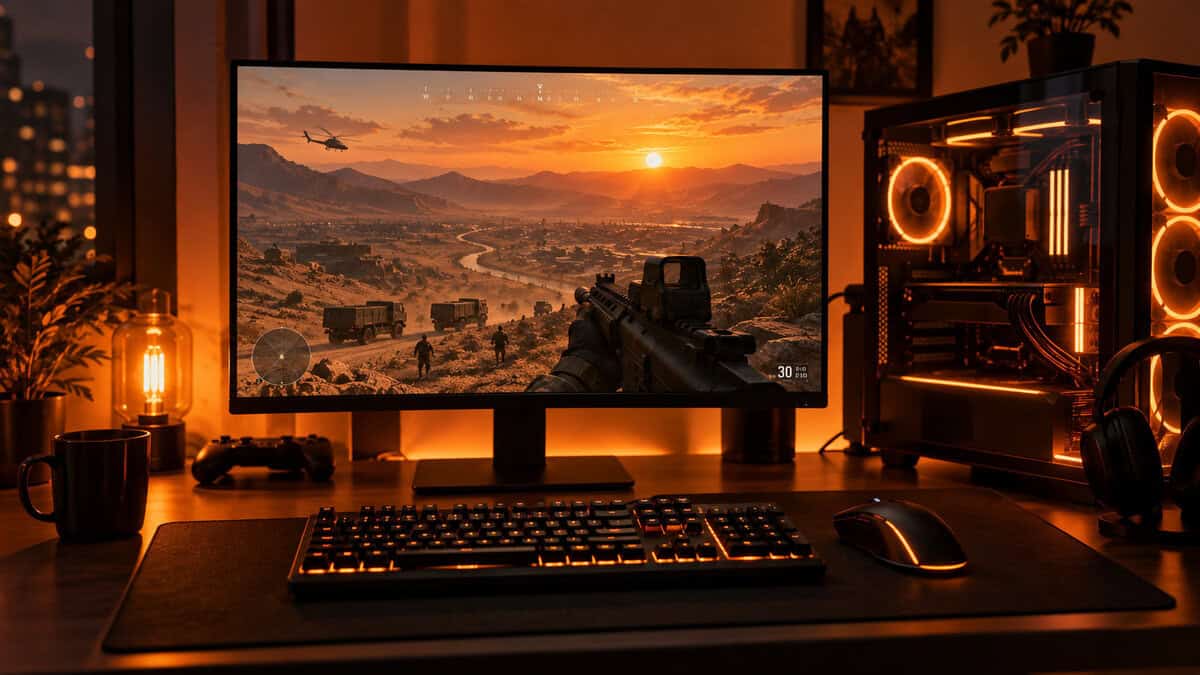 Amber-lit gaming desk with a flat 24-inch monitor showing a desert valley firefight with trucks and a helicopter, the kind of 100-player scene the best monitor for Wardogs has to keep readable