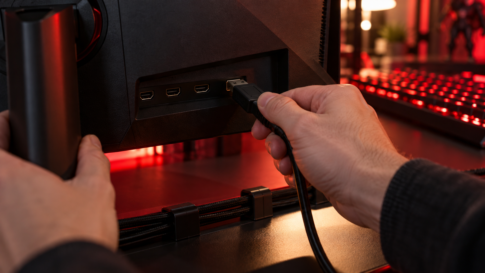 Hands plugging a display cable into the rear port cluster of a gaming monitor above cable clips in red light, the DisplayPort step that makes the best monitor for Wardogs run at full refresh