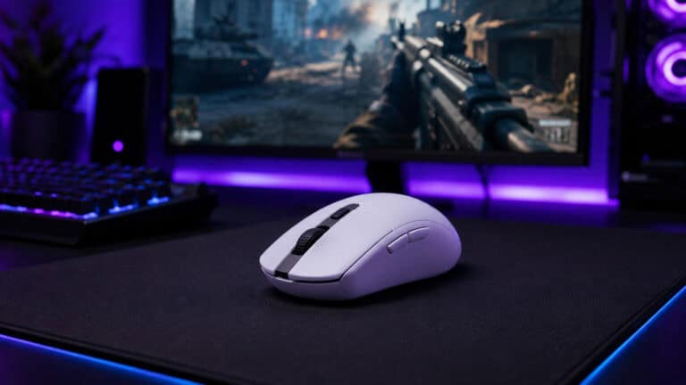 White compact wireless gaming mouse on a dark pad, the shape class the best mouse for Wardogs conversation starts with