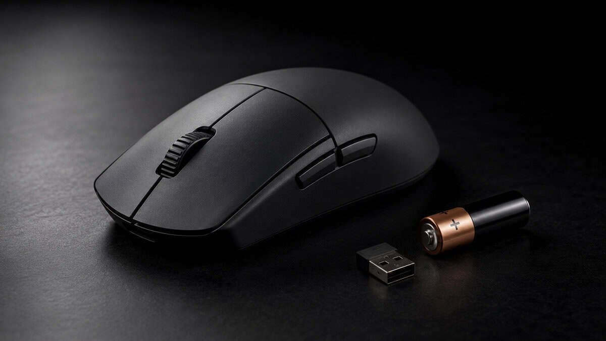 Matte black ambidextrous wireless mouse beside its AA battery and dongle, the upgrade tier of the best mouse for Wardogs