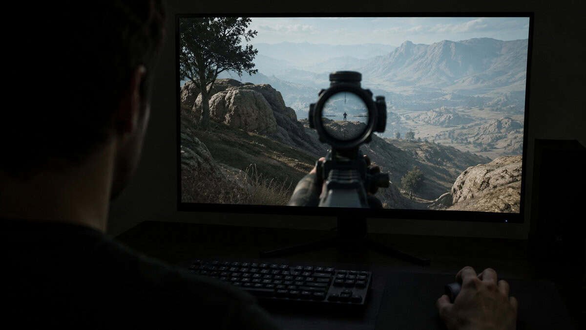 Player scoping a distant ridge in a military shooter, the long sightlines that decide the best mouse for Wardogs