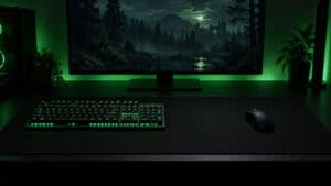 Dark gaming desk under green RGB with a full-size keyboard and a wireless mouse on an extended black cloth pad, the size the best mousepad for Tarkov needs for low-sens turns