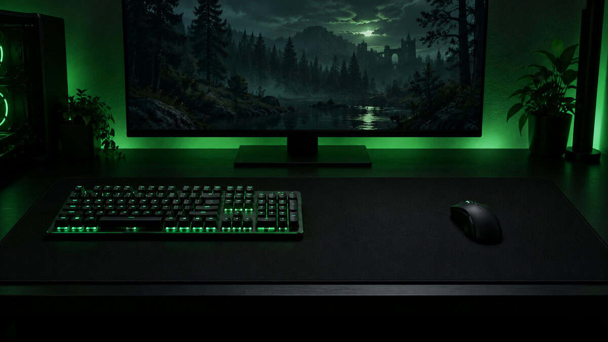 Dark gaming desk under green RGB with a full-size keyboard and a wireless mouse on an extended black cloth pad, the size the best mousepad for Tarkov needs for low-sens turns