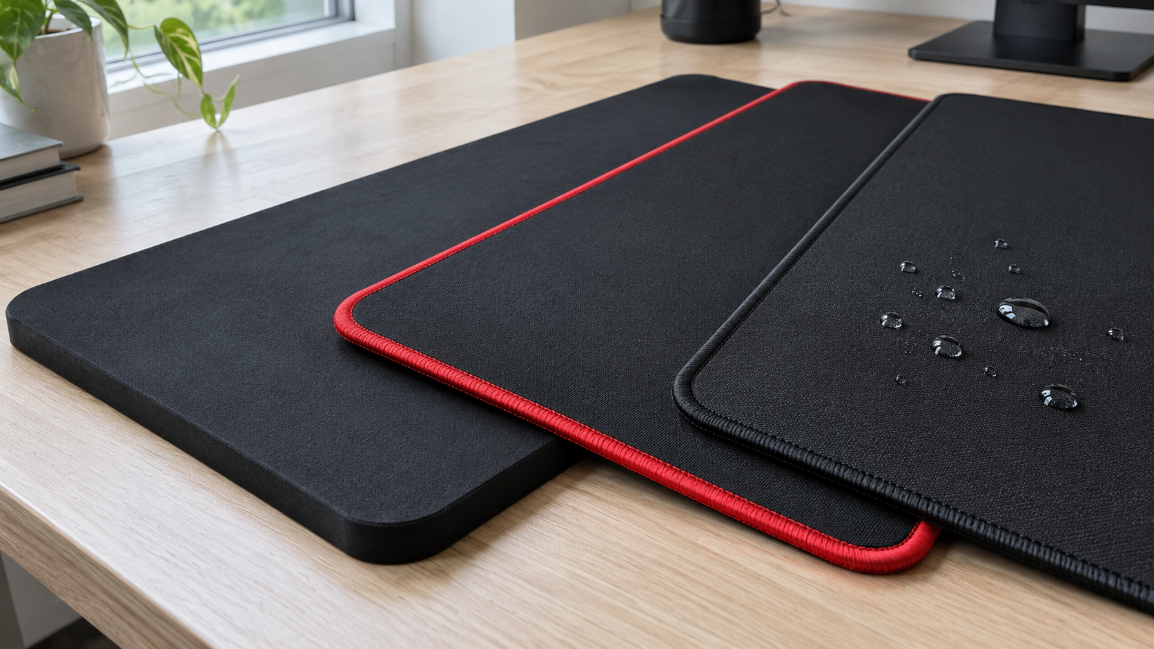 Three extended cloth pads overlapping on a light wood desk, a thick black pad, a red-stitched pad, and a stitched pad with water beading on it, the three picks for the best mousepad for Tarkov