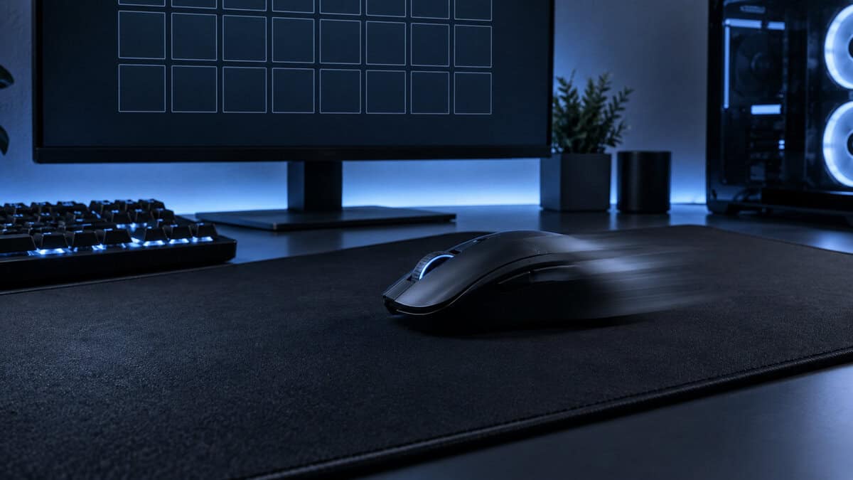 Black gaming mouse mid-swipe on a dark cloth pad in front of a monitor showing an empty inventory grid under blue light, the stash work the best mousepad for Tarkov has to stay consistent for