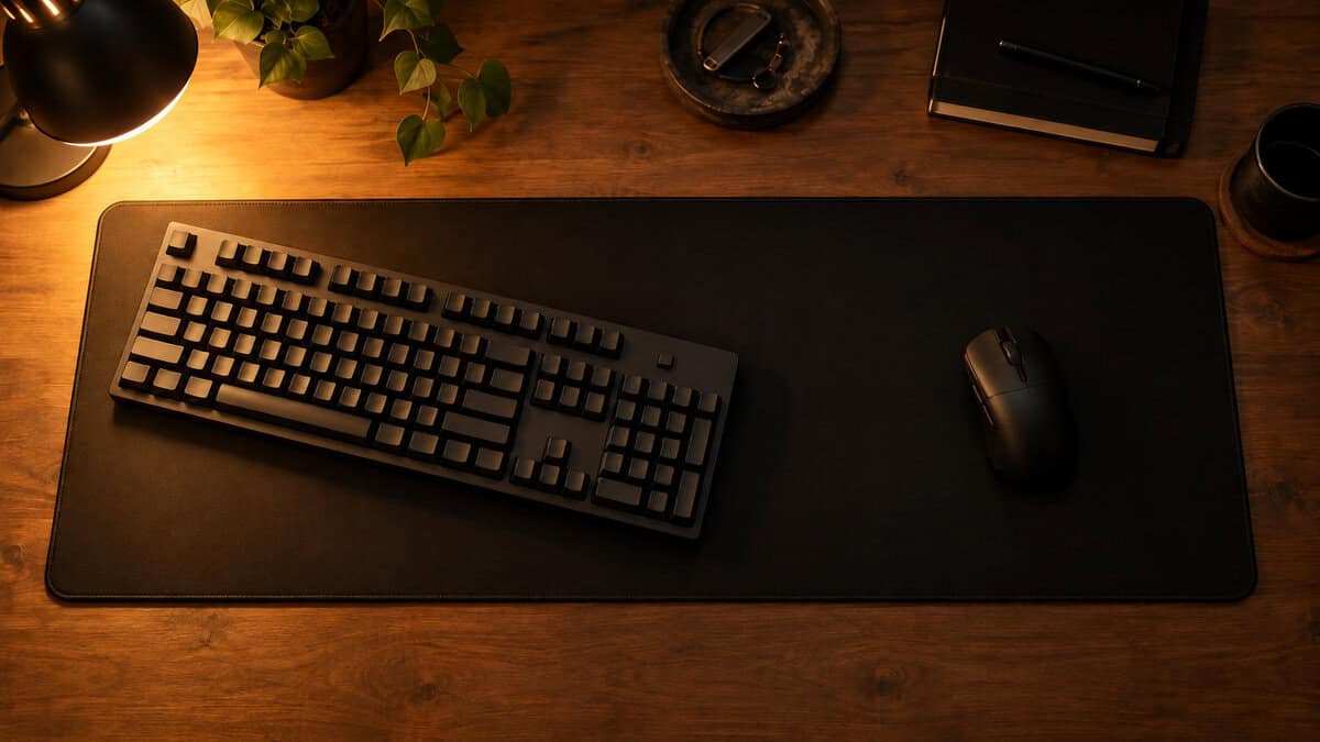 Overhead view of a full-size mechanical keyboard on the left third of a wide black cloth pad with a mouse on the right under an amber desk lamp, the desk layout for the best mousepad for Tarkov