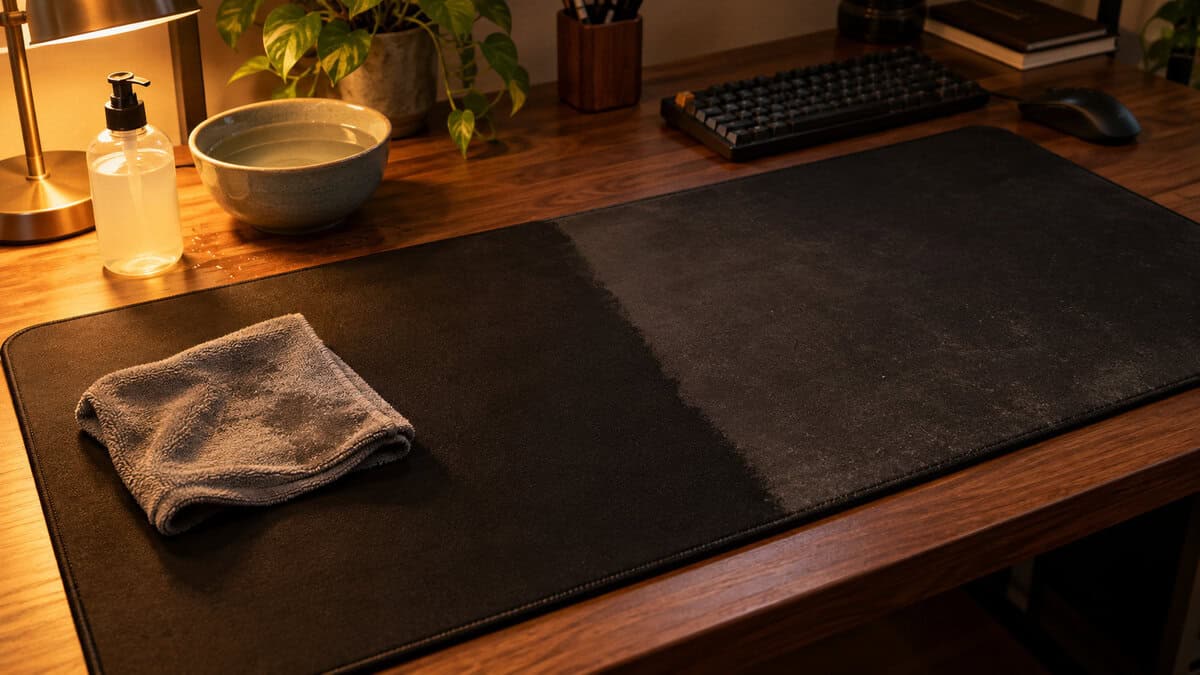 Damp microfiber cloth on a black extended cloth mousepad with a clean stripe beside a dusty one, soap bottle and bowl at the desk edge under a warm lamp, the cleaning routine that keeps the best mousepad for Wardogs fast