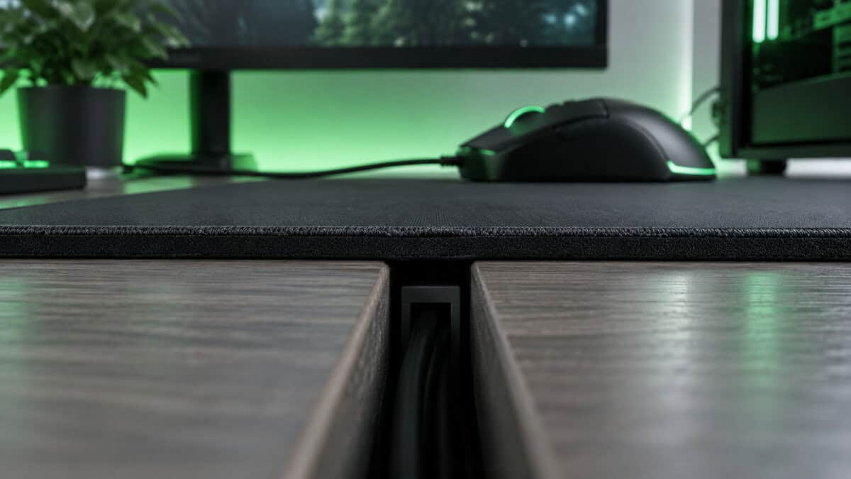 Side view of a thick cloth mousepad bridging a seam between two desk sections with a black mouse on top and green backlighting, showing why a 4mm base matters in the best mousepad for Wardogs