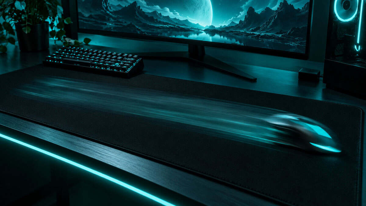 Gaming mouse captured mid-swipe with motion blur across a black extended cloth pad beside a compact keyboard under teal RGB, the wide low-sensitivity travel the best mousepad for Wardogs has to hold