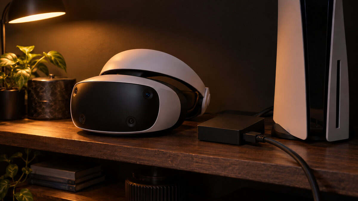 White PlayStation VR2 headset resting on a wood shelf beside a PS5 console and a small black PC adapter box under warm lamp light, the OLED alternative to the best VR headset for sim racing