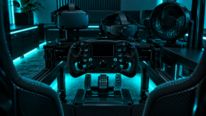 Sim racing cockpit under teal lighting with a direct-drive wheel, load-cell pedals, a VR headset and a rigid halo head strap on the rig shelf and a small fan aimed at the seat, the setup the best VR headset for sim racing lives in