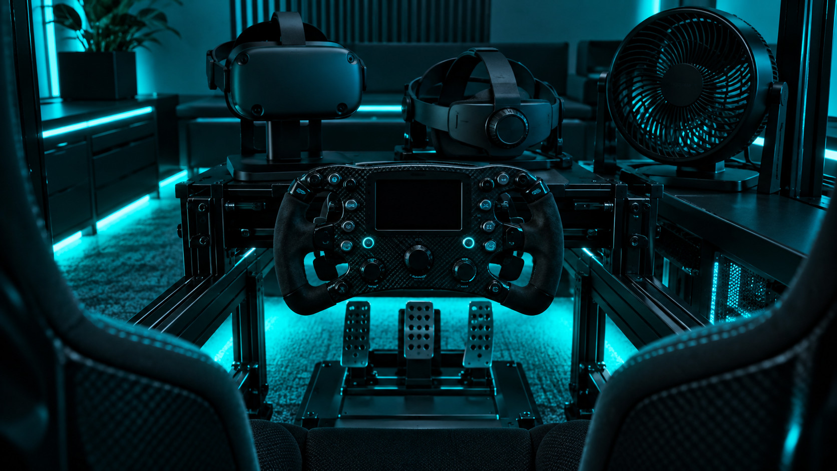 Sim racing cockpit under teal lighting with a direct-drive wheel, load-cell pedals, a VR headset and a rigid halo head strap on the rig shelf and a small fan aimed at the seat, the setup the best VR headset for sim racing lives in