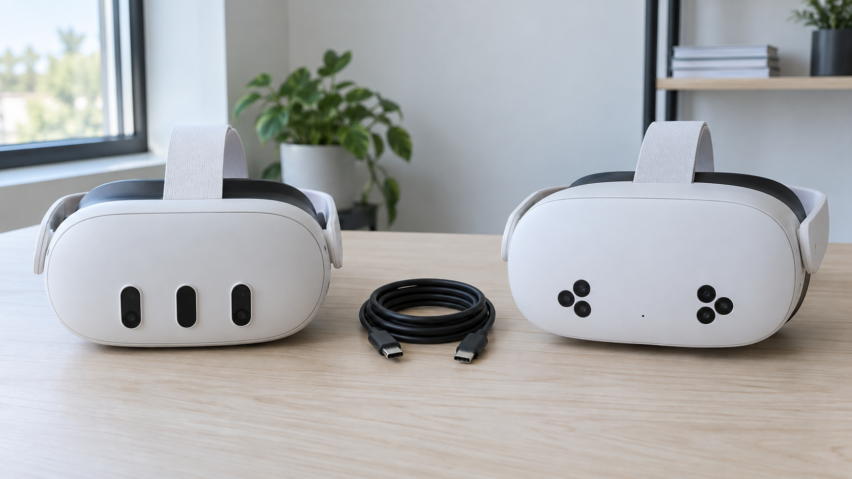 Two white Meta Quest headsets side by side on a light wood desk in daylight, a Quest 3 with its thin pancake-lens front and a Quest 3S with its thicker Fresnel front, with a coiled USB-C cable between them, the two contenders for the best VR headset for sim racing