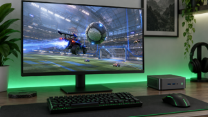 Small mini pc gaming setup on a green-lit desk with a monitor showing Rocket League, a compact keyboard, and a mouse