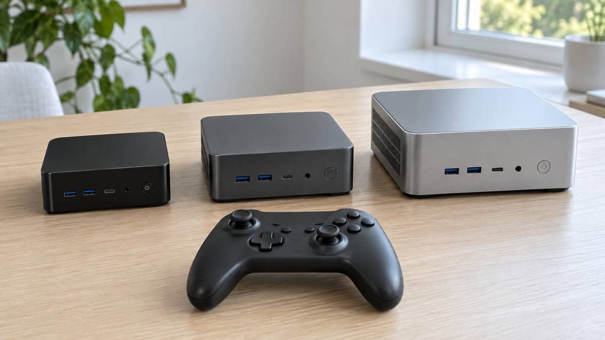 Three mini pc gaming picks in ascending size on a wood table with a controller in front for scale