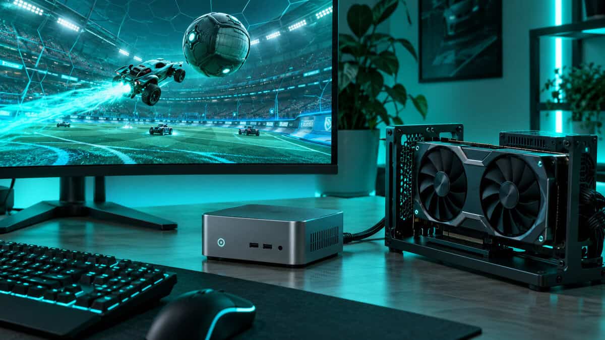 Mini pc gaming desk with a small silver PC next to an external graphics card dock and a monitor showing Rocket League