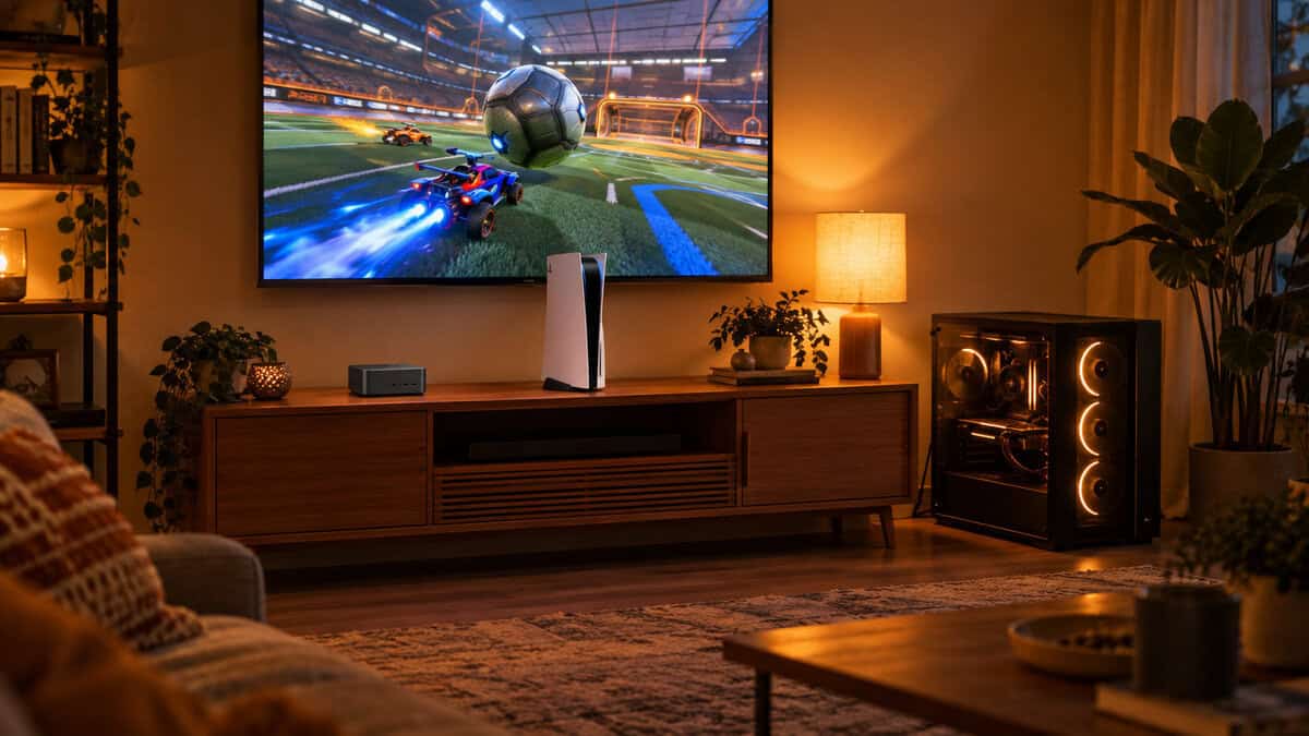 Living room comparing mini pc gaming with a console and a tower PC, with a tiny PC on the media console, an upright console, and a glass-panel tower