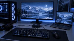 Gaming desk under cool blue light with a tower PC on the left, a laptop on the right, one monitor between them, and a small black USB switch box past the keyboard with the keyboard, mouse, and headset cables running into it