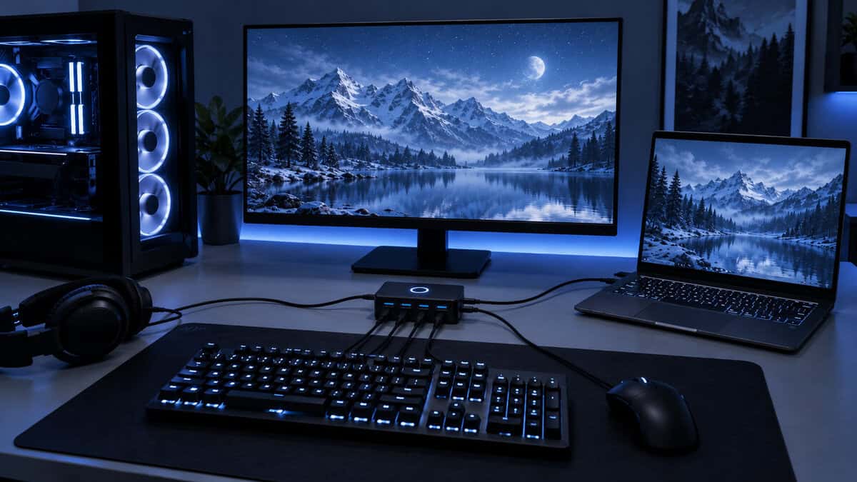 Gaming desk under cool blue light with a tower PC on the left, a laptop on the right, one monitor between them, and a small black USB switch box past the keyboard with the keyboard, mouse, and headset cables running into it