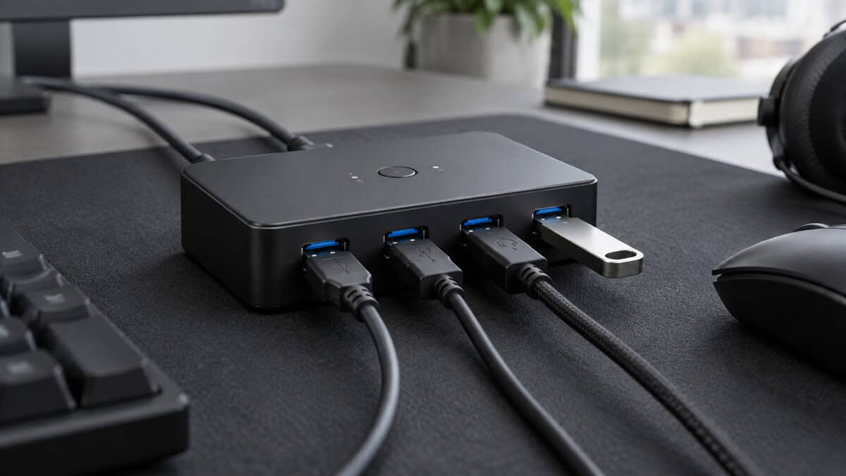 Close-up of a compact black USB switch on a dark desk mat in daylight, four front USB ports filled with a keyboard cable, a mouse cable, a headset cable, and a small flash drive, two host cables trailing out the back