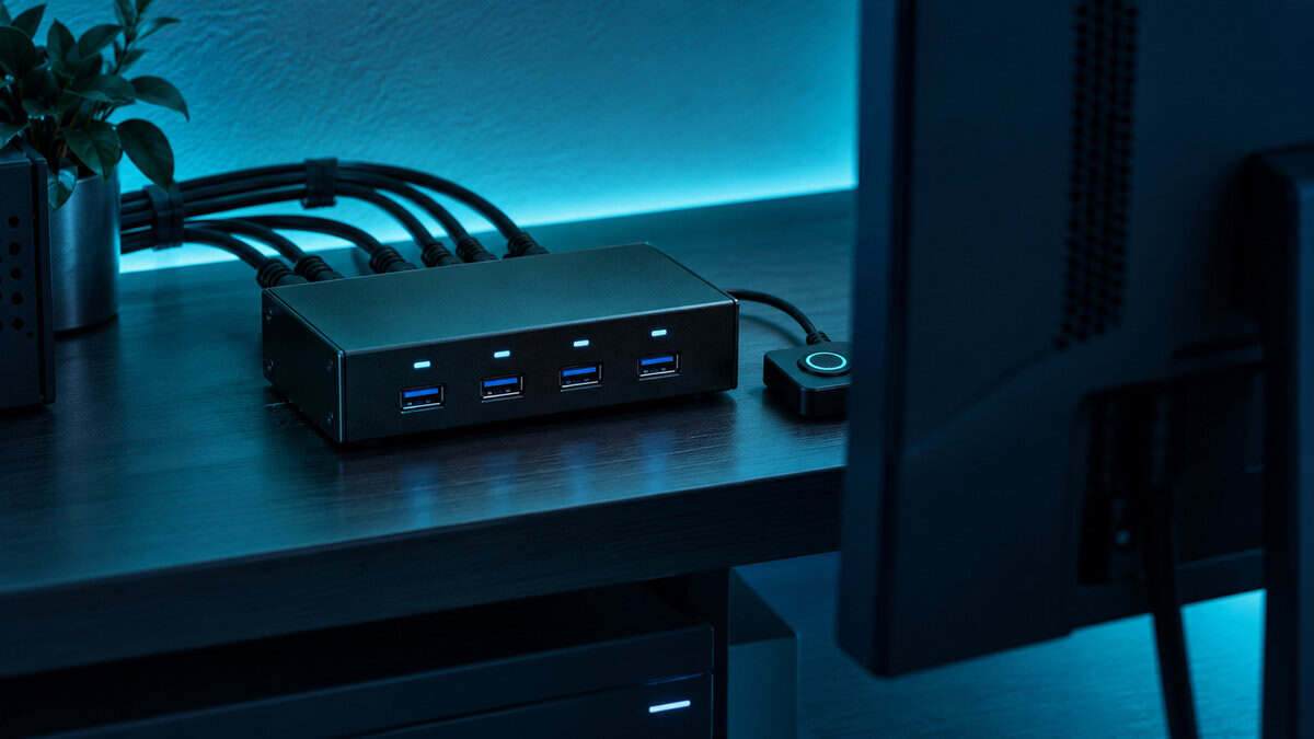 Larger metal four-by-four USB switch on a desk shelf behind a monitor under teal light, four front ports lit, a small wired remote button beside it and several host cables converging into the back