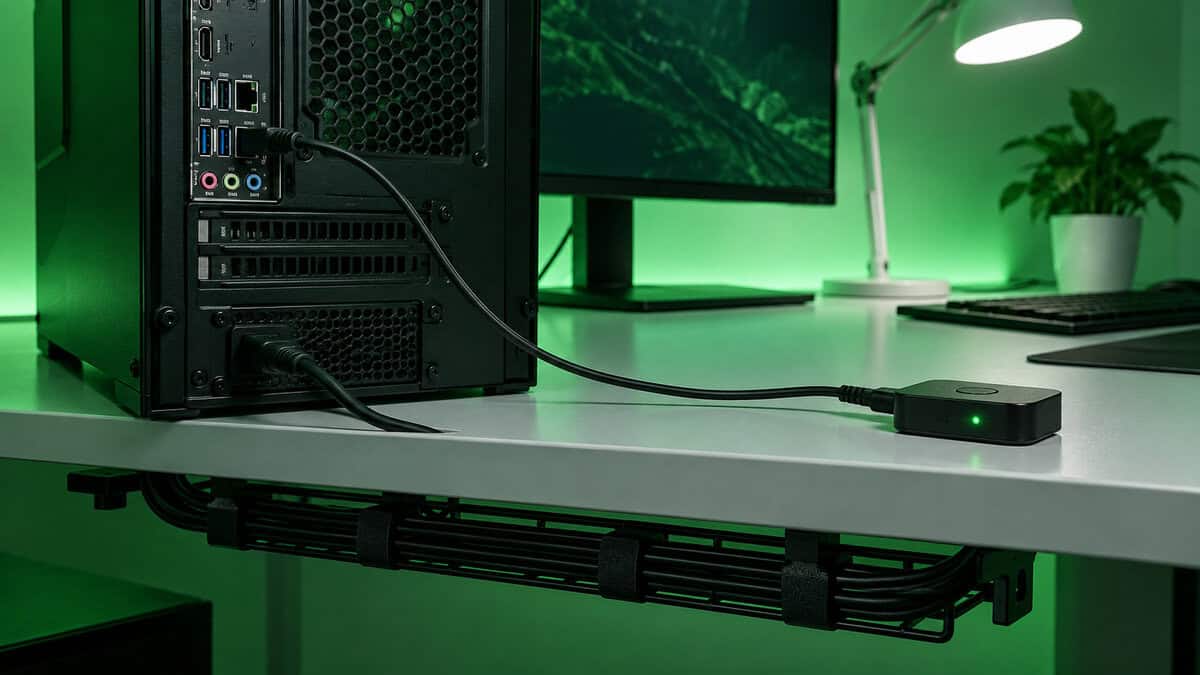 Rear of a black tower PC in a green-lit room with a cable running from a motherboard USB port to a small USB switch on the desk edge, its LED lit, and a cable tray underneath, the powered rear-port setup that stops switch dropouts