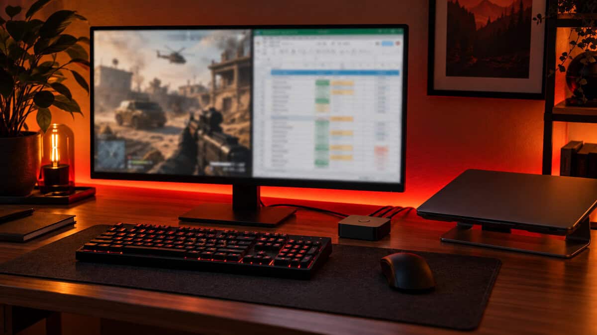 Warm amber desk with a monitor split between a shooter and a spreadsheet, a black keyboard and mouse in front, a laptop on a stand to the right, and a small USB switch box placed between the keyboard and the laptop