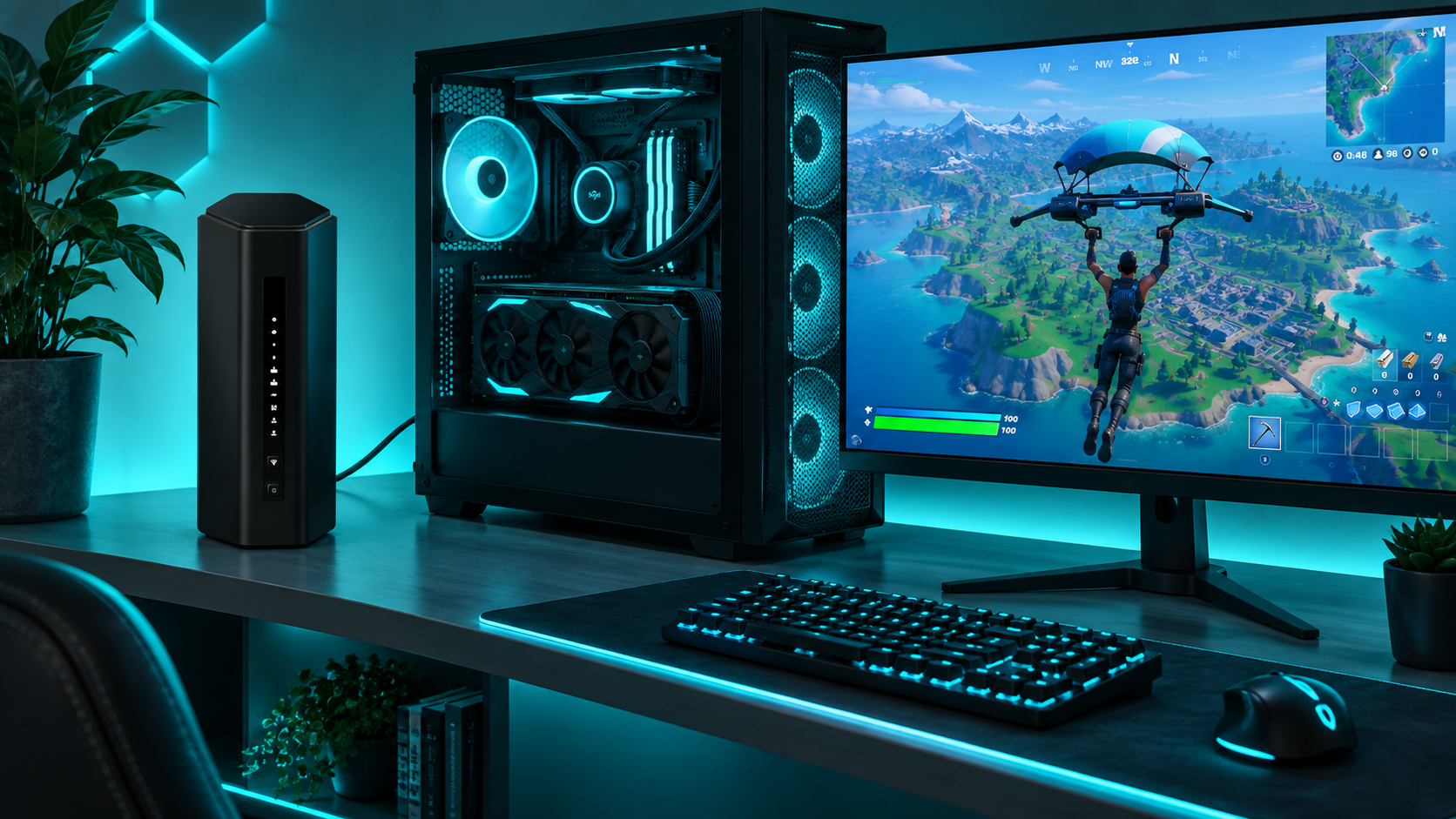 Black tower wifi 7 router on a teal-lit gaming desk beside a gaming PC and a monitor showing Fortnite