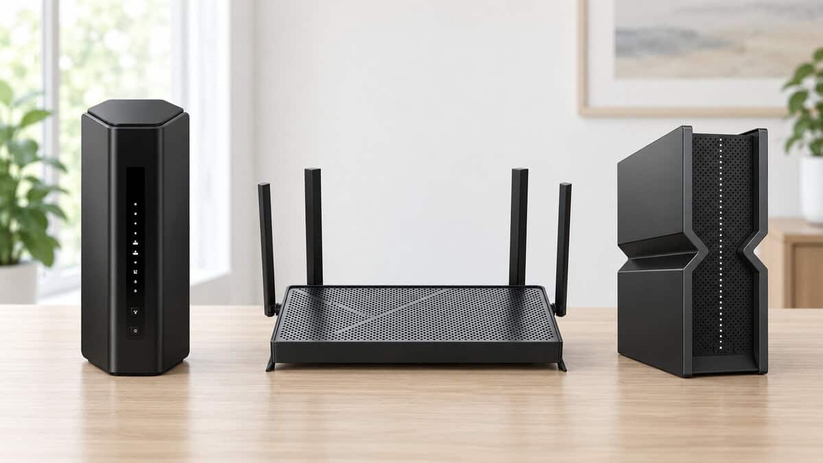 Three budget picks side by side on a wood table: a tall tower wifi 7 router, a flat model with four antennas, and an upright slab design