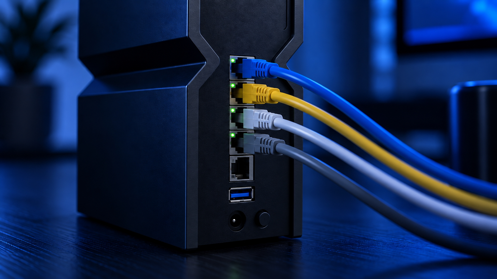 Rear panel of a wifi 7 router with four colored Ethernet cables plugged into its 2.5G ports and a USB port below, lit in blue