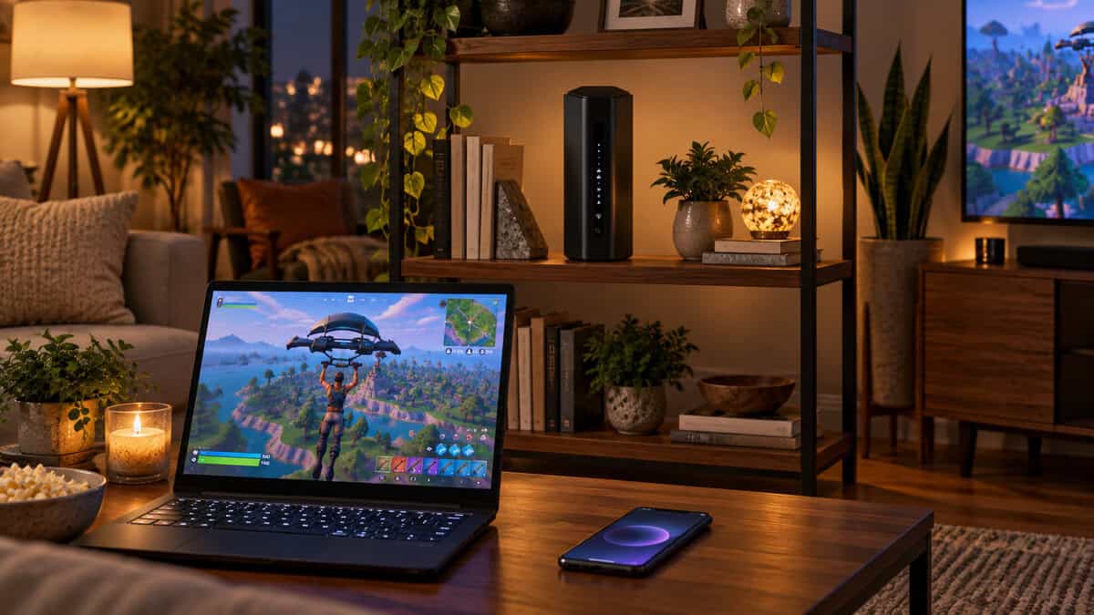 Tower wifi 7 router placed in the open on a living room bookshelf in warm lamp light, with a laptop and phone on the coffee table