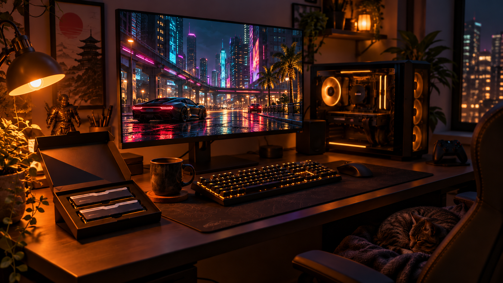 Warm evening gaming desk with an opened memory kit box holding two sticks beside a mug and keyboard, a monitor showing a neon city street and a cat asleep on the chair, deciding when to buy the best DDR4 RAM