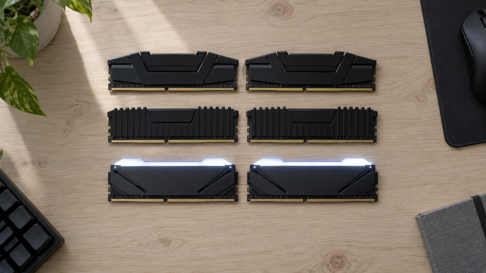 Overhead view of three matched pairs of DDR4 memory sticks on a wooden desk, two plain black kits and one with a lit white light bar, a side-by-side look at best DDR4 RAM options