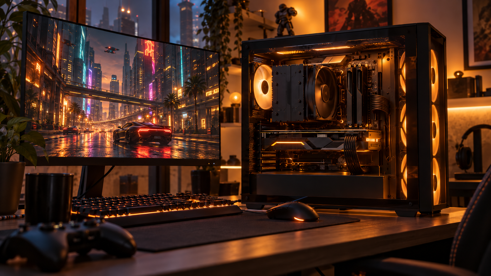 Amber-lit gaming desk with a glass-sided PC showing two black memory sticks beside a tower cooler and a monitor playing a neon city driving game, the setup the best DDR4 RAM picks are built for