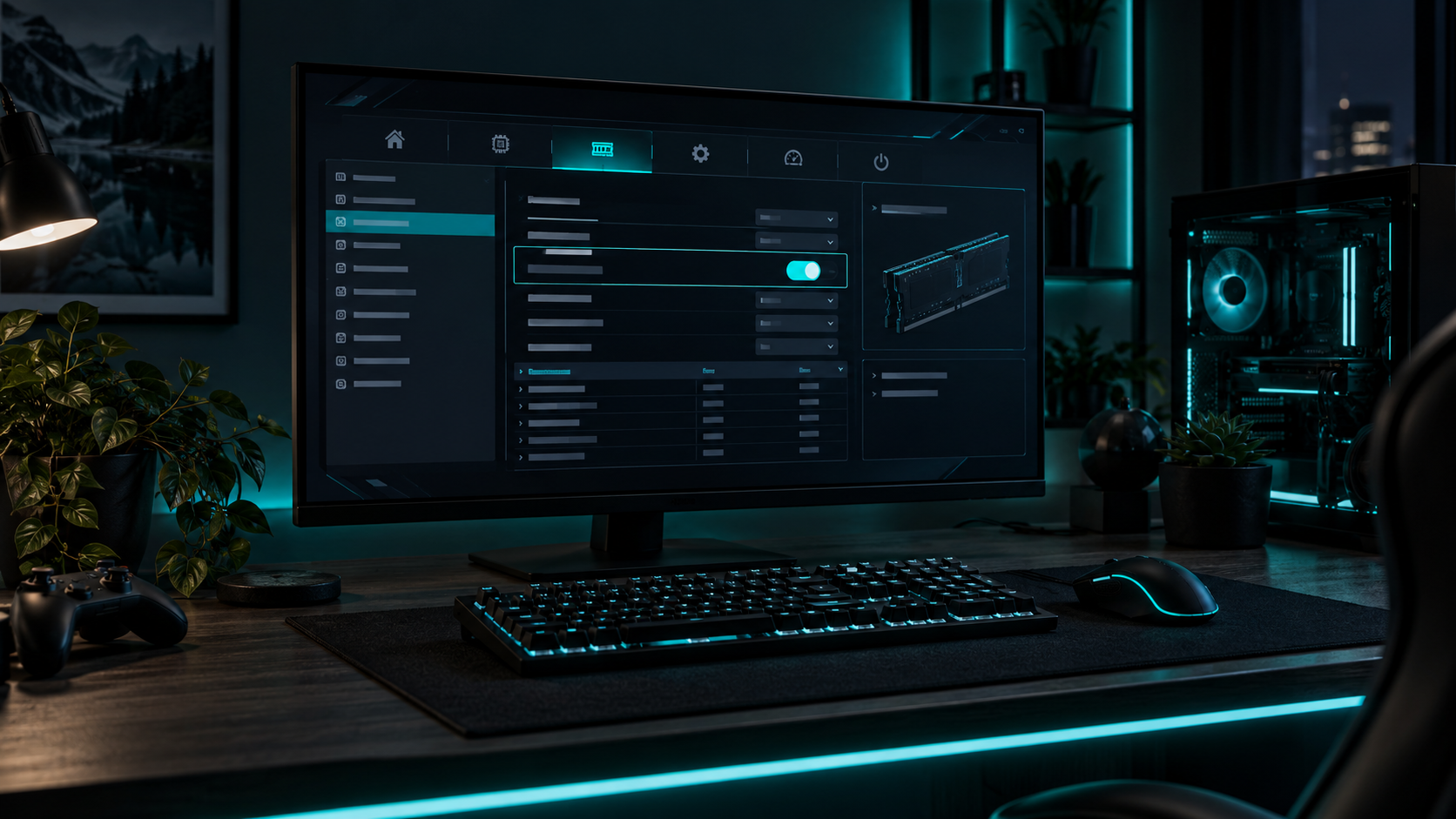 Gaming monitor in a teal-lit room showing a BIOS memory page with the XMP profile toggle switched on, the step that lets the best DDR4 RAM run at its rated speed
