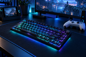 Compact 75% board with a rotary knob and blue-cyan RGB underglow on a dark desk mat, the value tier in our best hall effect keyboard guide, beside a white controller and a docked handheld