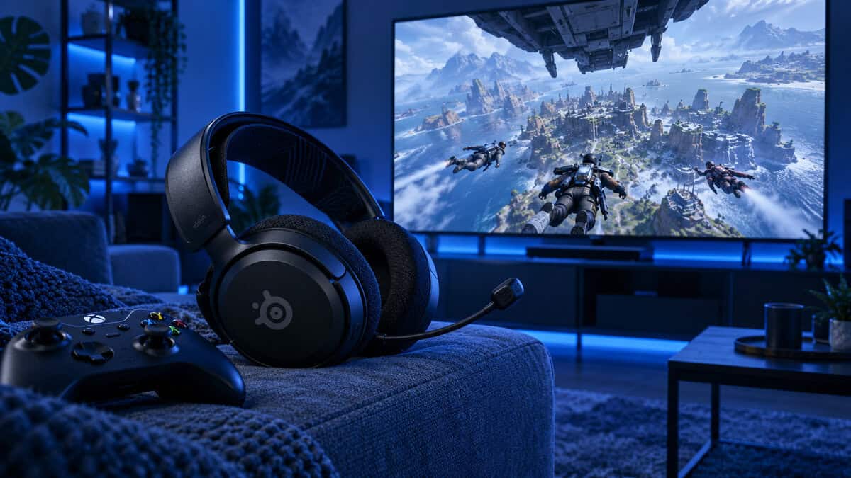 SteelSeries Arctis Nova 3X Wireless beside an Xbox controller on a blue-lit couch as squads drop in on the TV, a wireless option for the best headset for apex legends