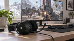 Black Corsair HS65 on a sunlit wooden desk in front of an Apex Legends firefight, a daylight setup built around the best headset for apex legends