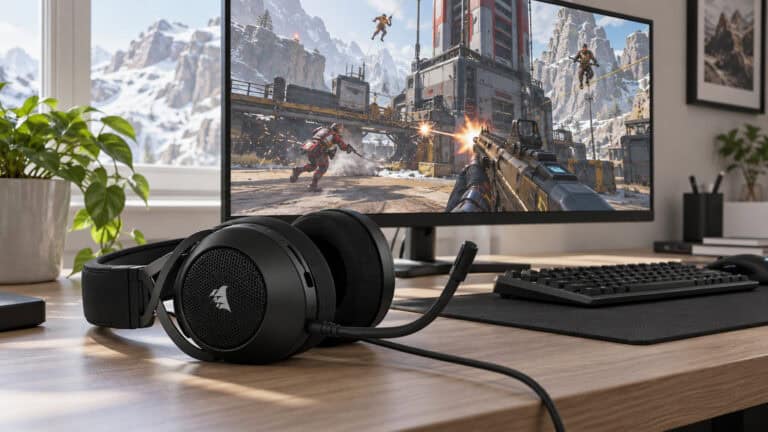 Black Corsair HS65 on a sunlit wooden desk in front of an Apex Legends firefight, a daylight setup built around the best headset for apex legends