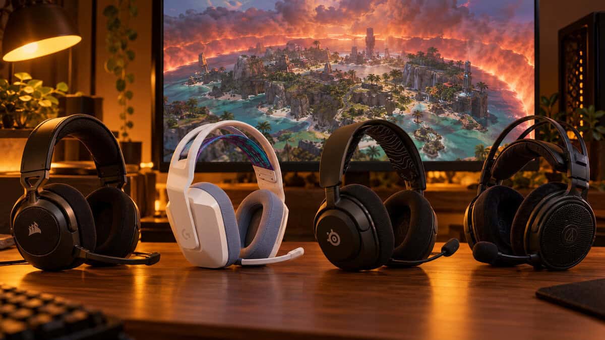 Four picks for the best headset for apex legends lined up on a warm lamp-lit desk: Corsair HS65, white Logitech G335, SteelSeries Arctis Nova 3X and Audio-Technica ATH-GDL3