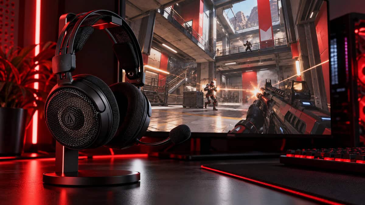 Open-back Audio-Technica ATH-GDL3 on a headset stand under red lighting with an Apex Legends gunfight on the monitor, the best headset for apex legends footstep work