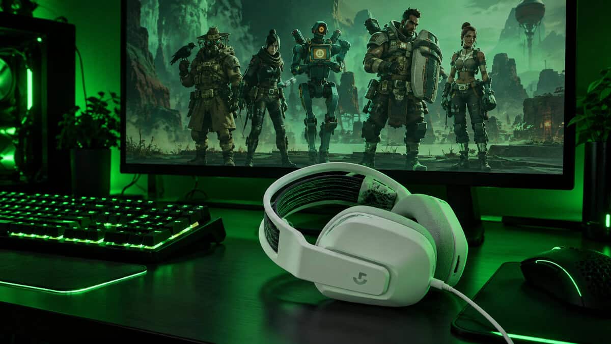 White Logitech G335 on a green-lit desk with Apex Legends characters on the monitor, a lightweight wired take on the best headset for apex legends