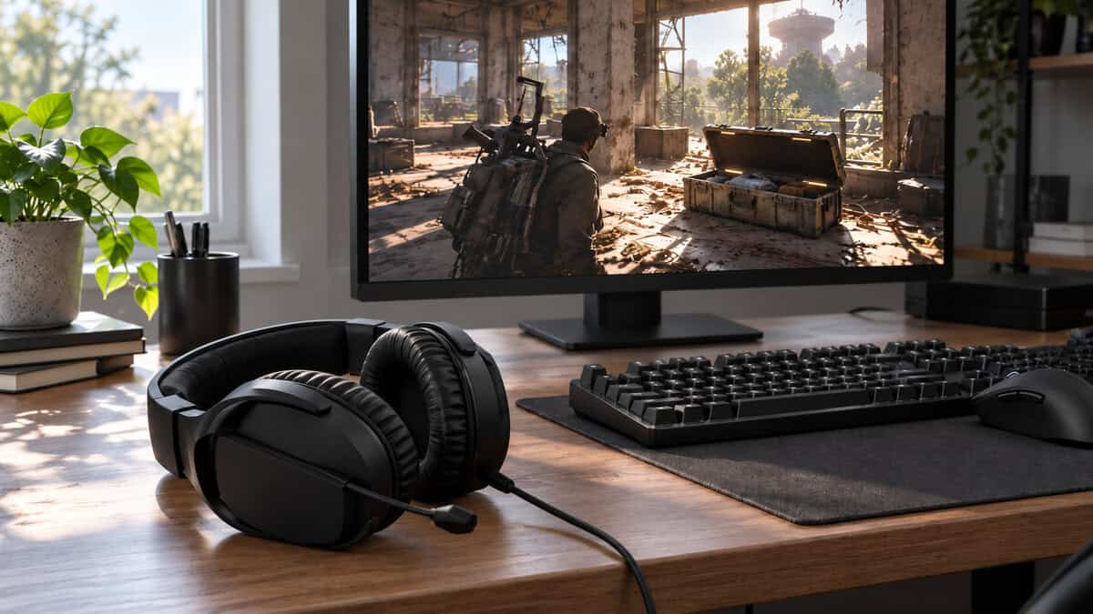 Wired HyperX Cloud Stinger 2 with its boom mic down on a sunlit wooden desk by a keyboard and mouse, the monitor showing a raider looting a supply crate, a budget best headset for Arc Raiders on PC