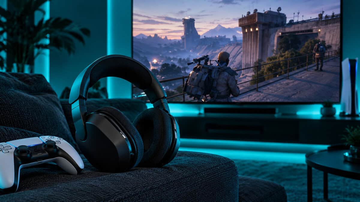 Black Turtle Beach Stealth 600 Gen 3 on a couch arm beside a DualSense controller, a teal-lit TV showing raiders crossing a dam at dusk, a long-session pick for the best headset for Arc Raiders on PS5