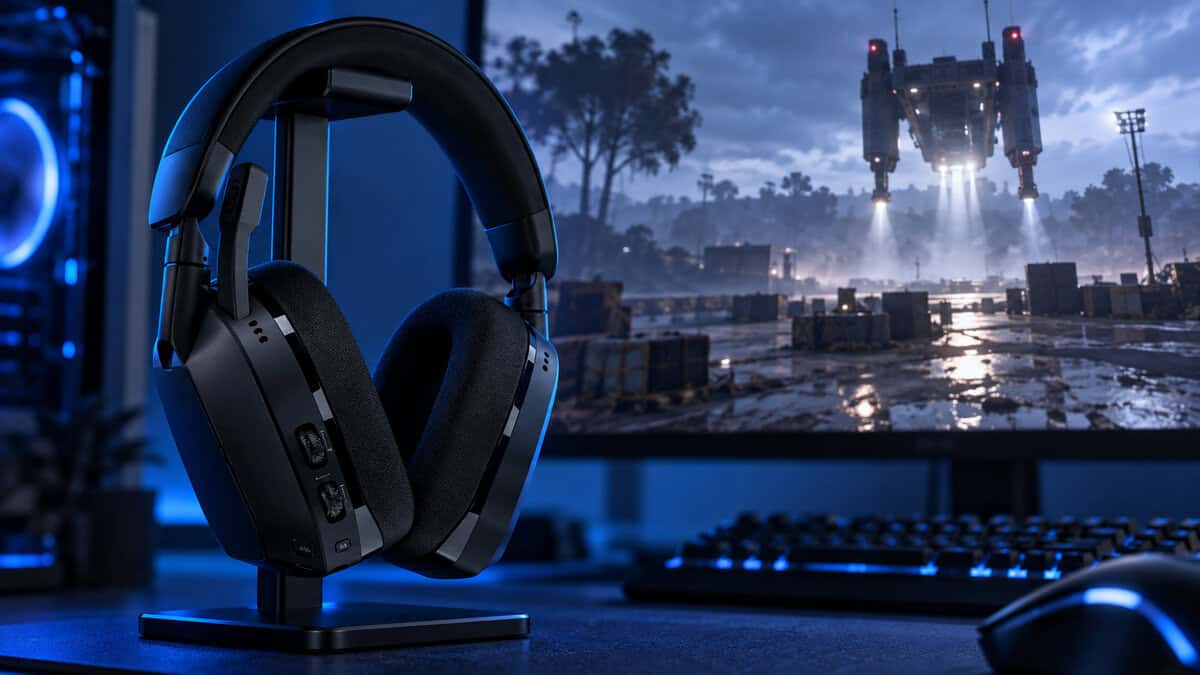 Headset on a stand with its boom mic swiveled up to mute under cool blue light, an Arc Raiders extraction craft landing on the monitor behind, why a physical mute matters in the best headset for Arc Raiders