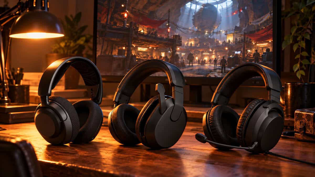 Three picks for the best headset for Arc Raiders lined up on a wooden desk under an amber lamp, the monitor showing the underground hub between raids