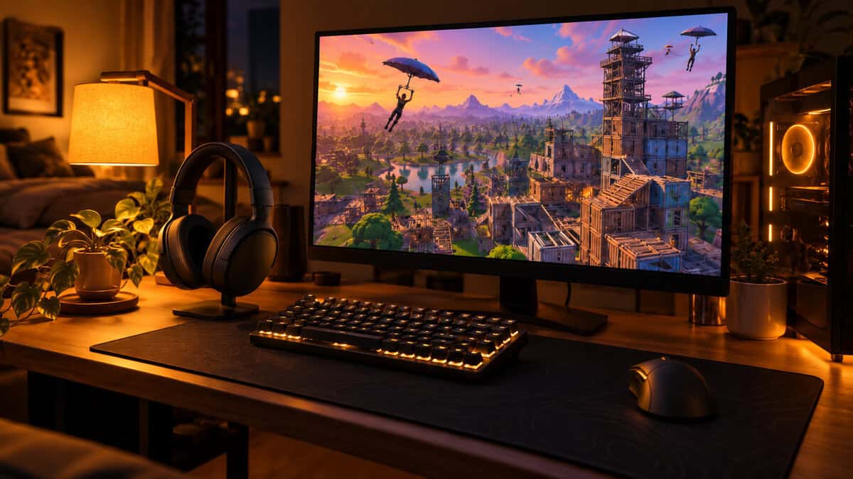 Razer Barracuda X on a headset stand beside a monitor showing a battle royale drop, finishing a desk built around the best headset for Fortnite under warm amber lamplight
