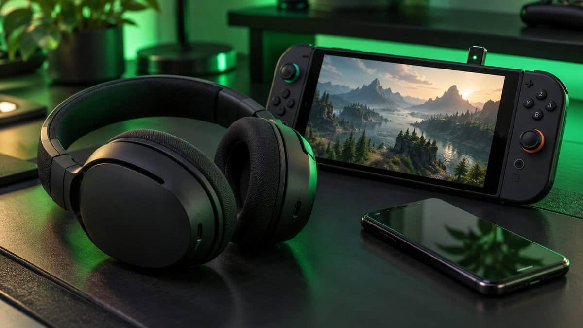 Razer Barracuda X, our best headset for Fortnite overall, beside a Nintendo Switch 2 with the USB-C dongle in its top port and a smartphone on a green-lit desk