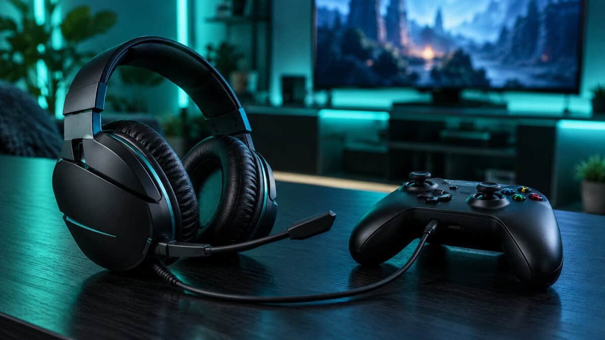 Turtle Beach Recon 70 wired into an Xbox controller, the best headset for Fortnite on a budget, on a teal-lit desk with a TV glowing behind